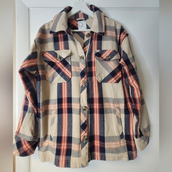 AERIE OFFLINE Flannel Button Down Jacket Shacket In Soft Oat Navy Orange Size XS - Picture 6 of 16